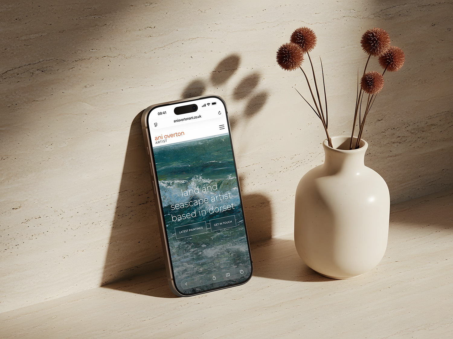 Mockups of the Ani Overton Art website showcasing paintings and e-commerce features.