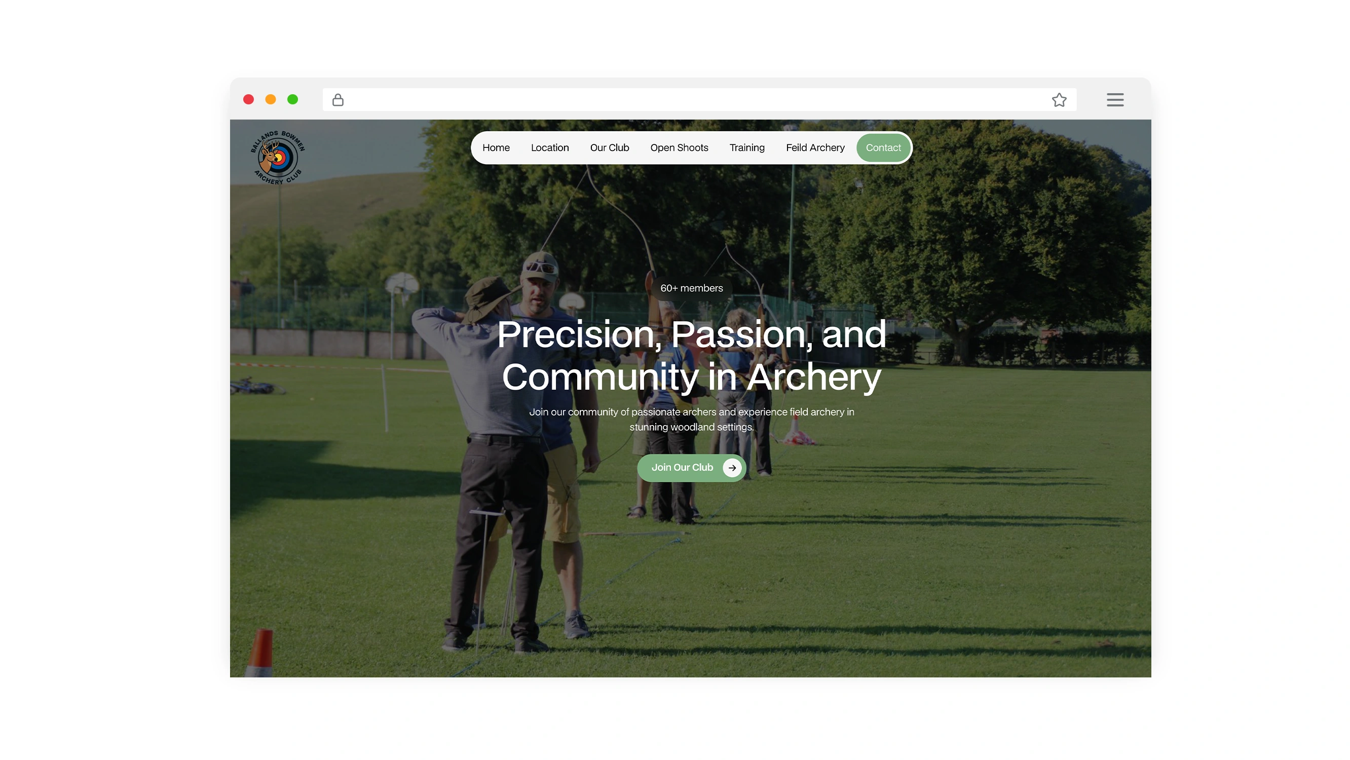 Laptop displaying the Ballands Bowmen Archery Club website featuring a green woodland-inspired design and archery imagery.