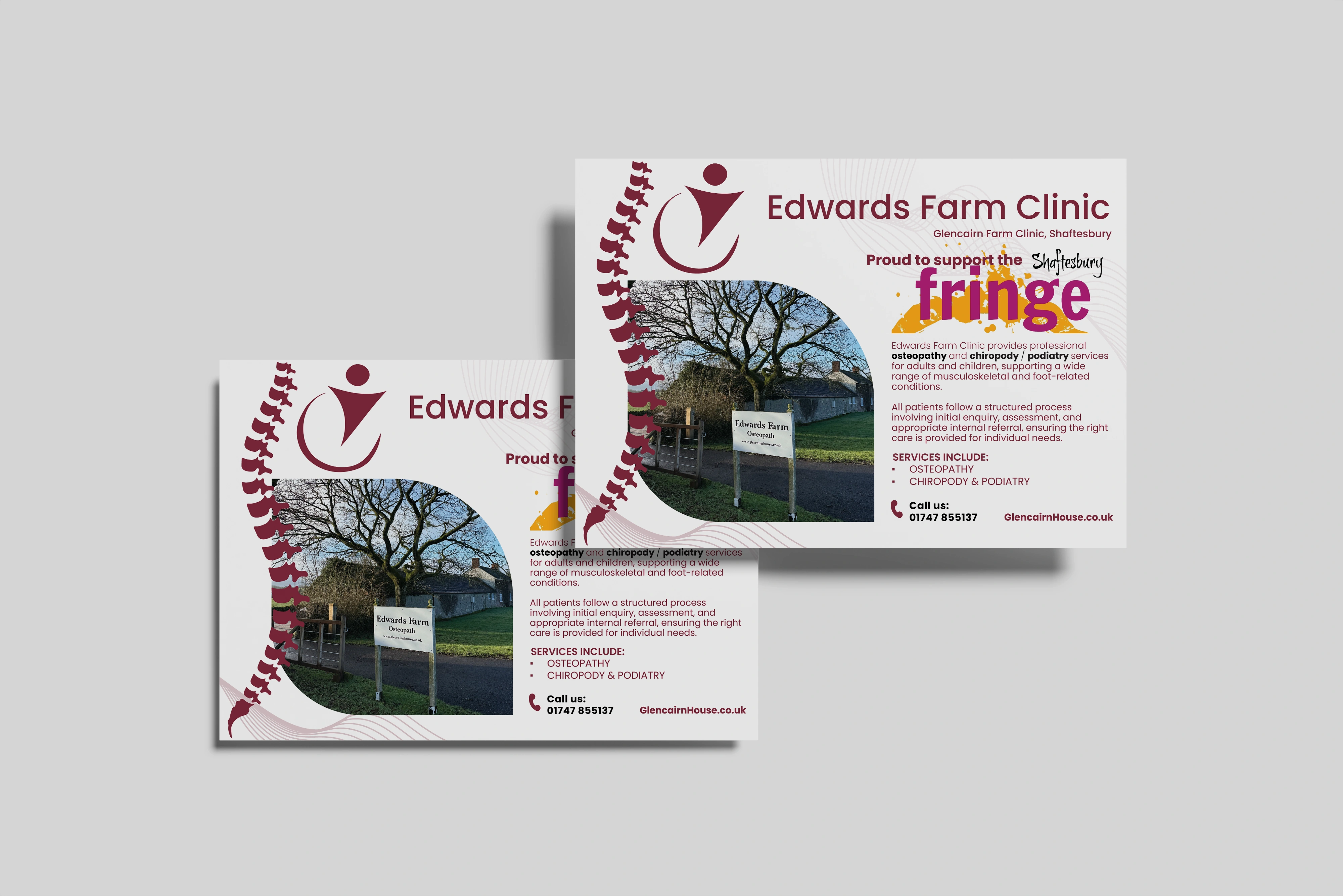 Mockups of the Edwards Farm Clinic Fringe programme advert design