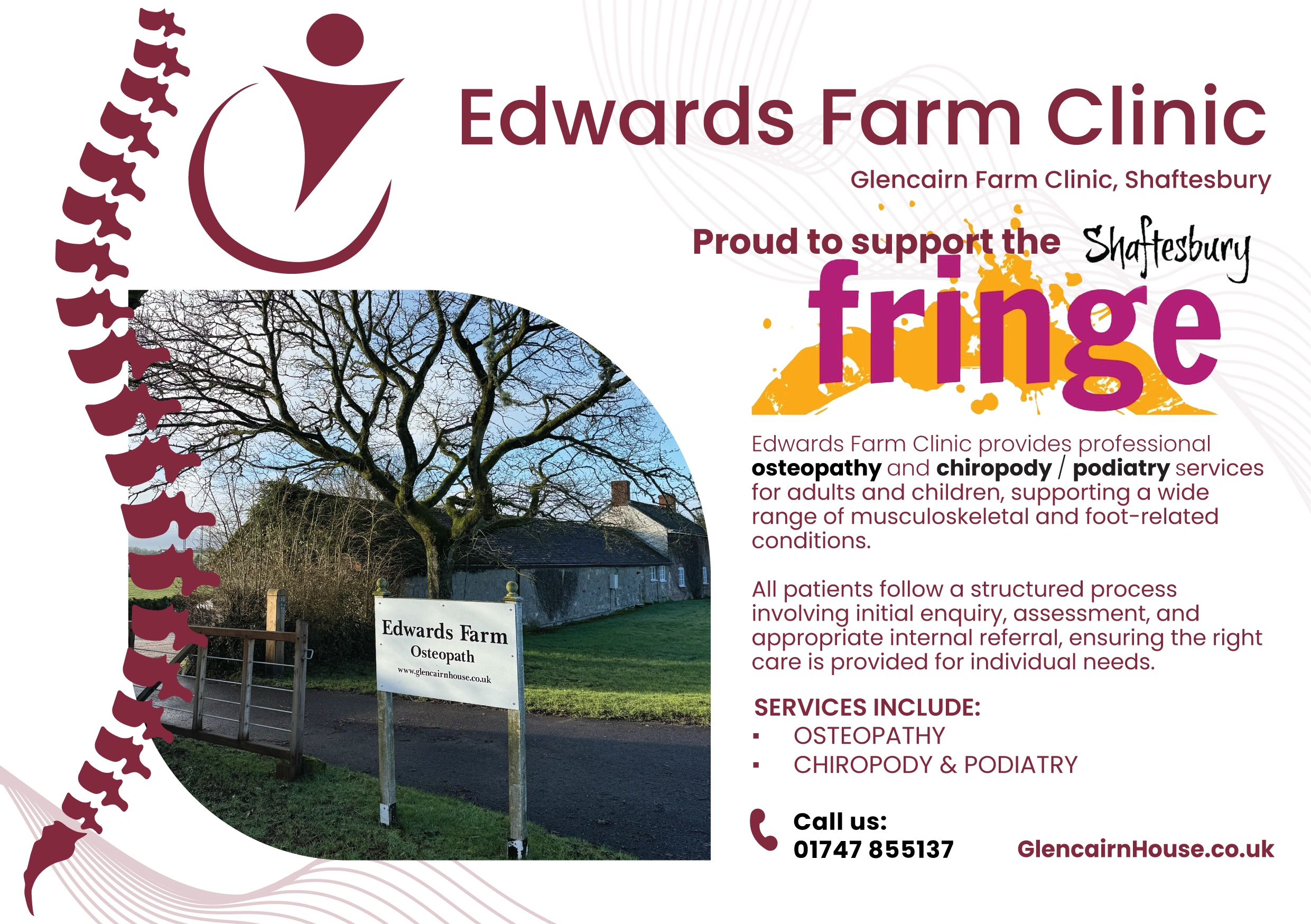 Mockups of the Edwards Farm Clinic Fringe programme advert design