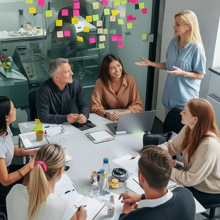 Ein Workshop mit 7 Personen in einem hellen Meeting-Raum mit Post-its an den Wänden.