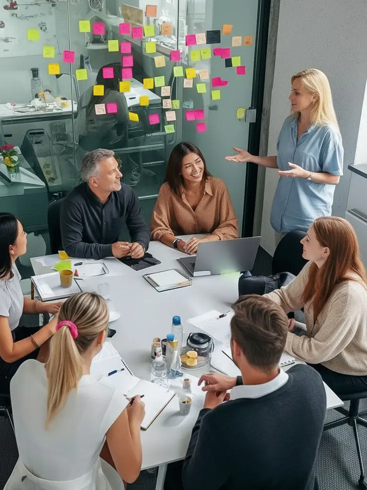 Ein Workshop mit 7 Personen in einem hellen Meeting-Raum mit Post-its an den Wänden.