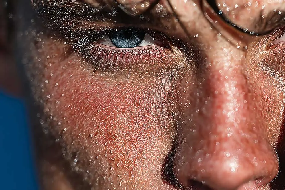Eine extreme Nahaufnahme eines verschwitzten Gesichts. Das Auge ist blau, und die Haut ist mit unzähligen, glitzernden Schweisstropfen bedeckt.