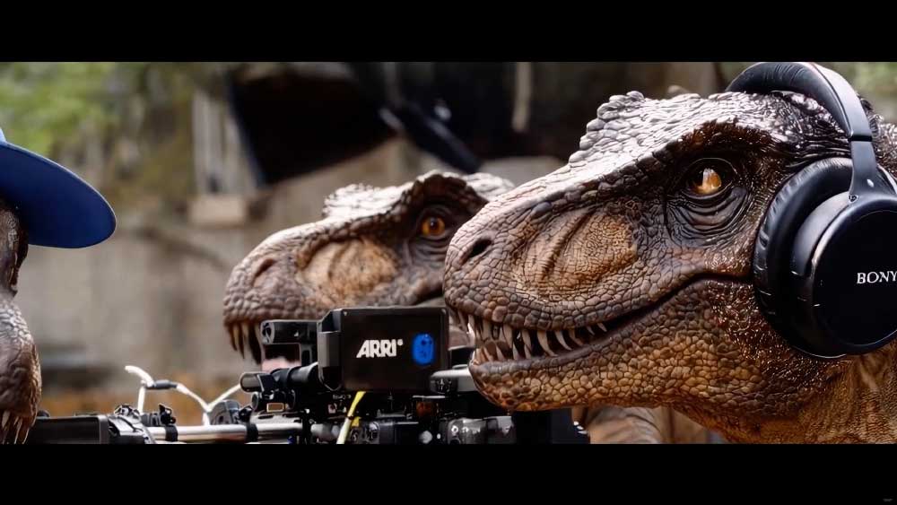 Zwei animatronische Dinosaurierköpfe auf einem Filmset. Der vordere trägt grosse Kopfhörer, und man kann eine professionelle ARRI-Filmkamera zwischen den beiden Köpfen sehen.