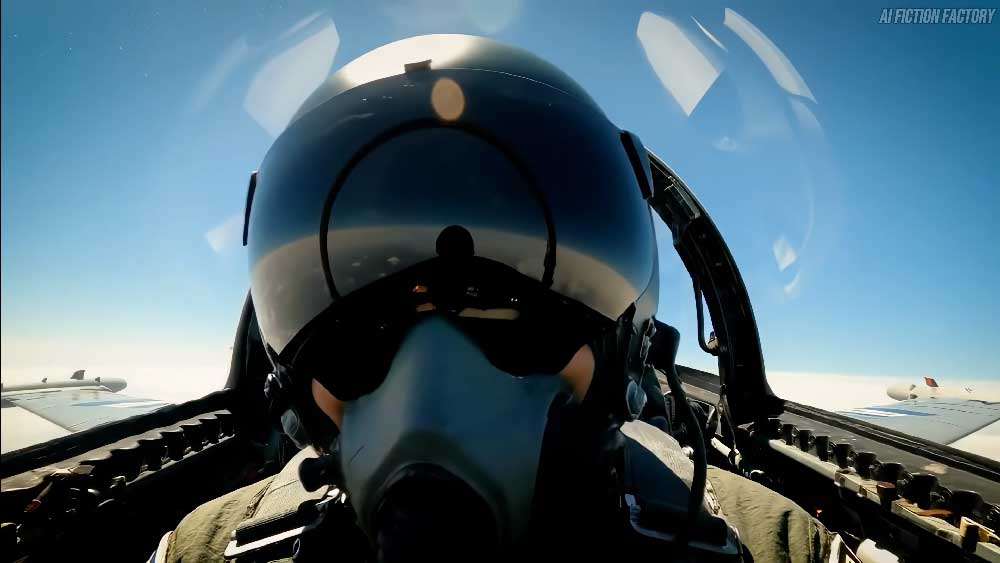 ine Nahaufnahme eines Kampfjet-Piloten im Cockpit, der einen Helm und eine Sauerstoffmaske trägt. Der Himmel ist klar und blau.
