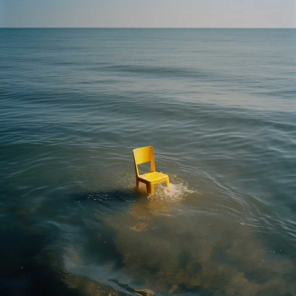 Ein einsamer, gelber Plastikstuhl steht mitten im Meer. Das Wasser ist ruhig, und der Stuhl erzeugt kleine Wellen um sich herum.