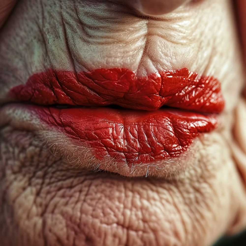 ine extreme Nahaufnahme der Lippen einer älteren Person, die mit leuchtend rotem Lippenstift geschminkt sind. Die Haut um den Mund ist stark gefaltet.
