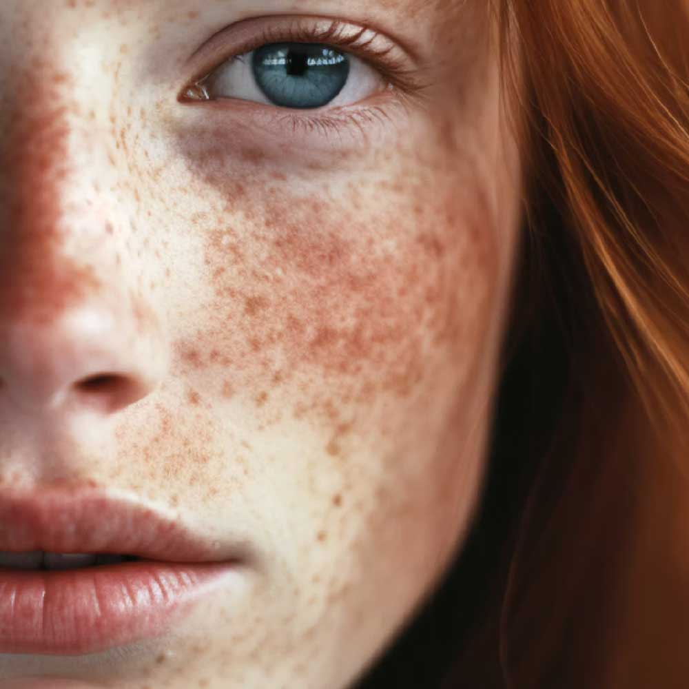 Eine extreme Nahaufnahme der Hälfte des Gesichts einer Person mit blauen Augen und vielen Sommersprossen auf Wange und Nase.