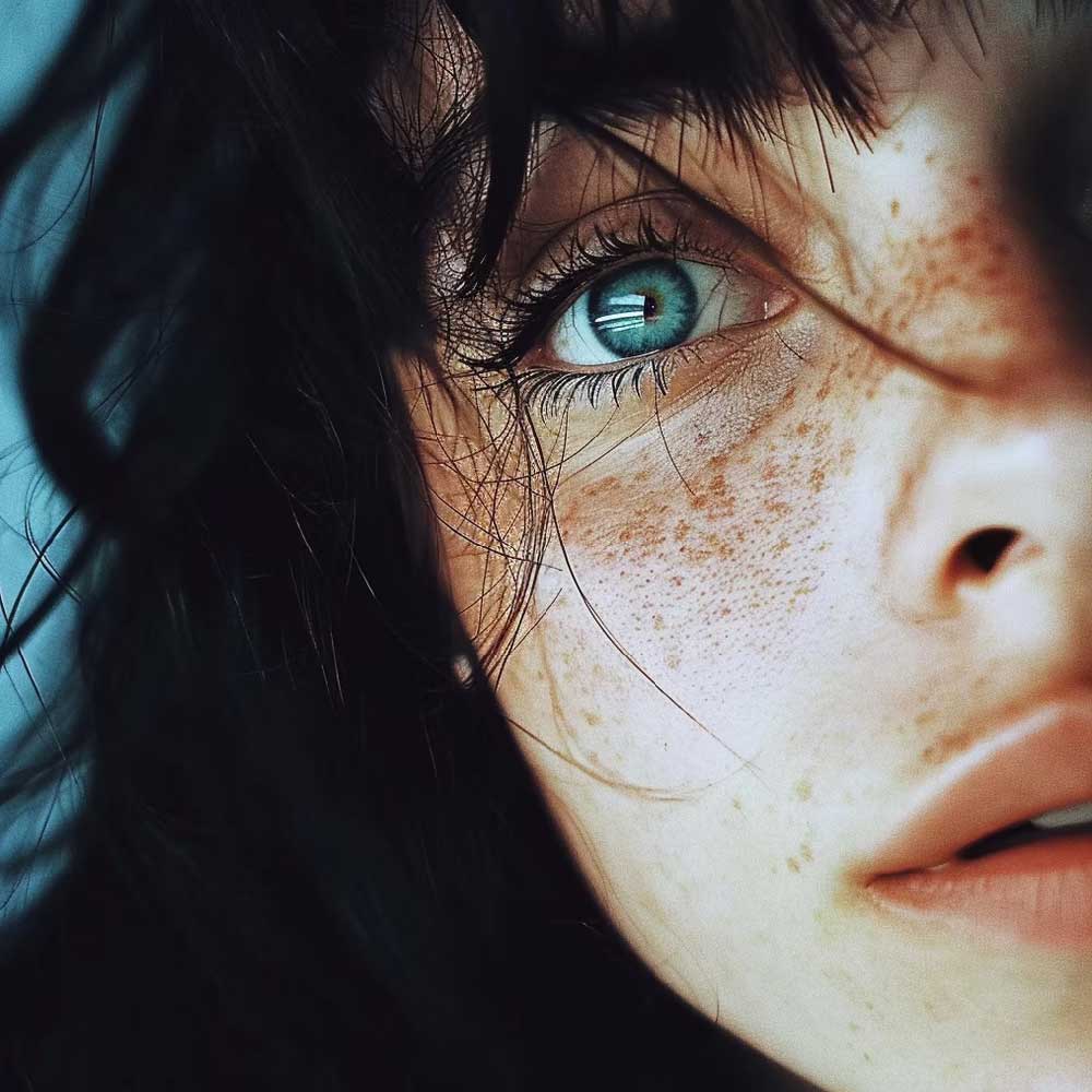 Eine extreme Nahaufnahme des Gesichts einer Person. Ein blaues Auge, Sommersprossen auf der Wange und einige dunkle Haarsträhnen, die ins Gesicht fallen, sind zu sehen.