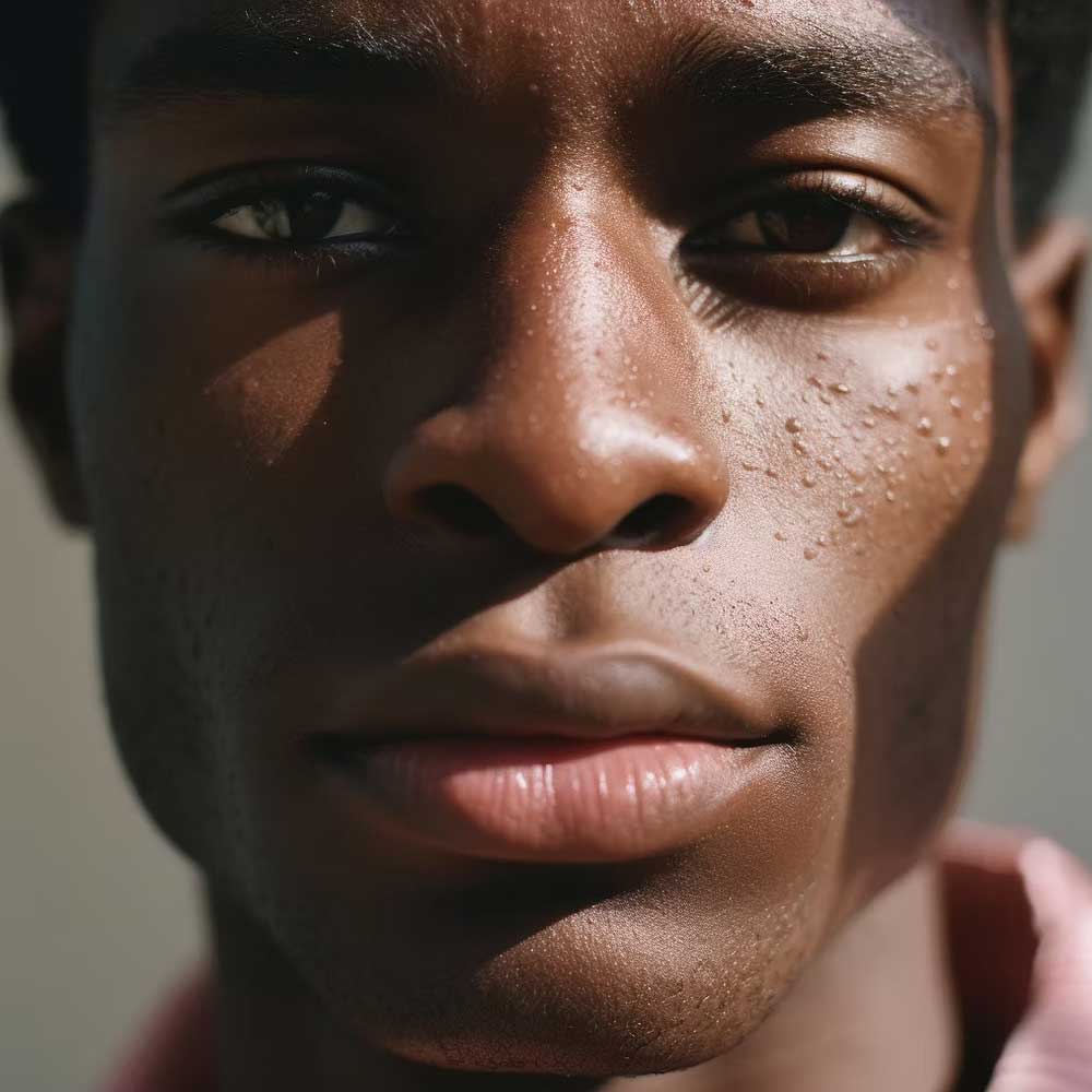 Eine Nahaufnahme des Gesichts einer Person, auf deren Wange Wassertropfen glitzern. Das Licht fällt von der Seite und wirft einen starken Schatten.