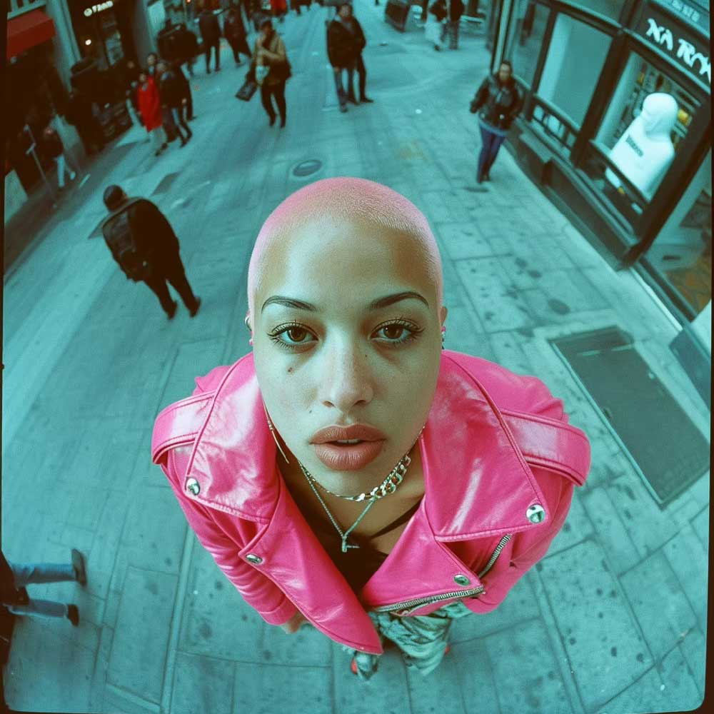 Eine Frau mit kurzrasierten, pink gefärbten Haaren und einer pinken Lederjacke blickt aus einem extremen Winkel von unten in die Kamera. Sie befindet sich auf einem belebten Gehweg.