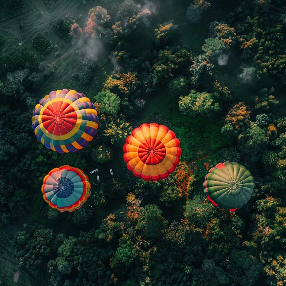 Eine Luftaufnahme von vier bunten Heissluftballons, die über einem dichten, grünen Wald schweben. Die Ballons haben verschiedene Muster und Farben.