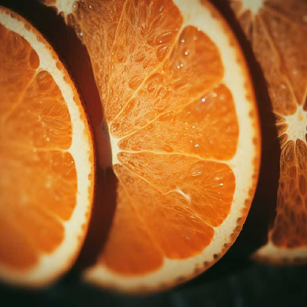 Eine extreme Nahaufnahme von drei nebeneinander liegenden Orangenscheiben, auf denen sich kleine Wassertröpfchen befinden.