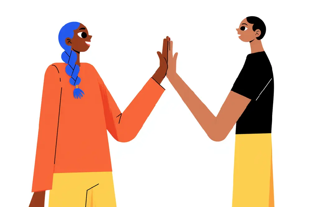 Zwei Personen geben sich ein High-five. Eine Person mit blauen Zöpfen trägt ein orangefarbenes Oberteil und eine gelbe Hose, die andere eine schwarzes T-Shirt und eine gelbe Hose.