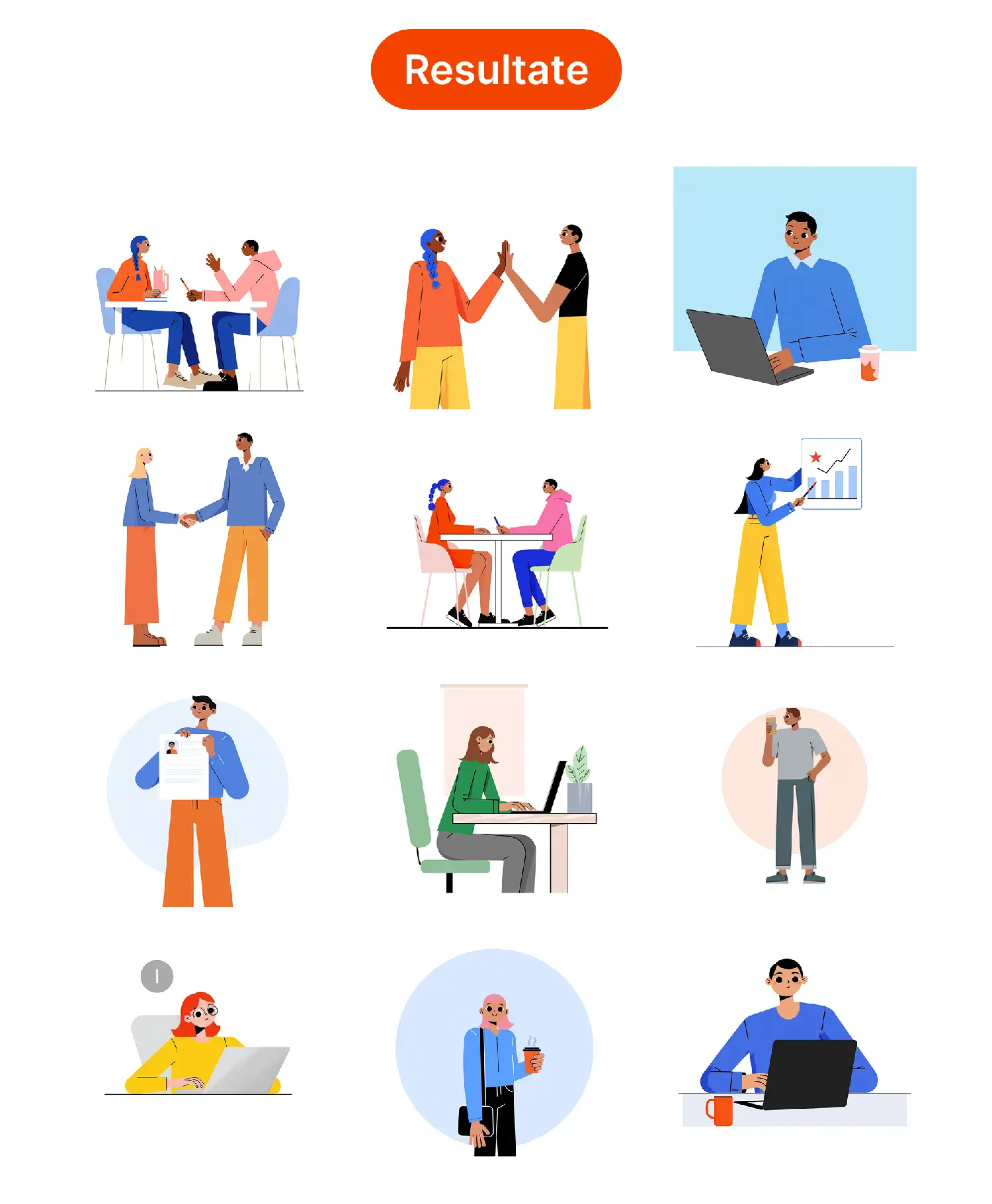 Eine Sammlung von Illustrationen, die Interaktionen und Arbeitsszenarien darstellen. Die Bilder zeigen Personen, die sich unterhalten, high-fives geben, an Laptops arbeiten und Präsentationen halten.