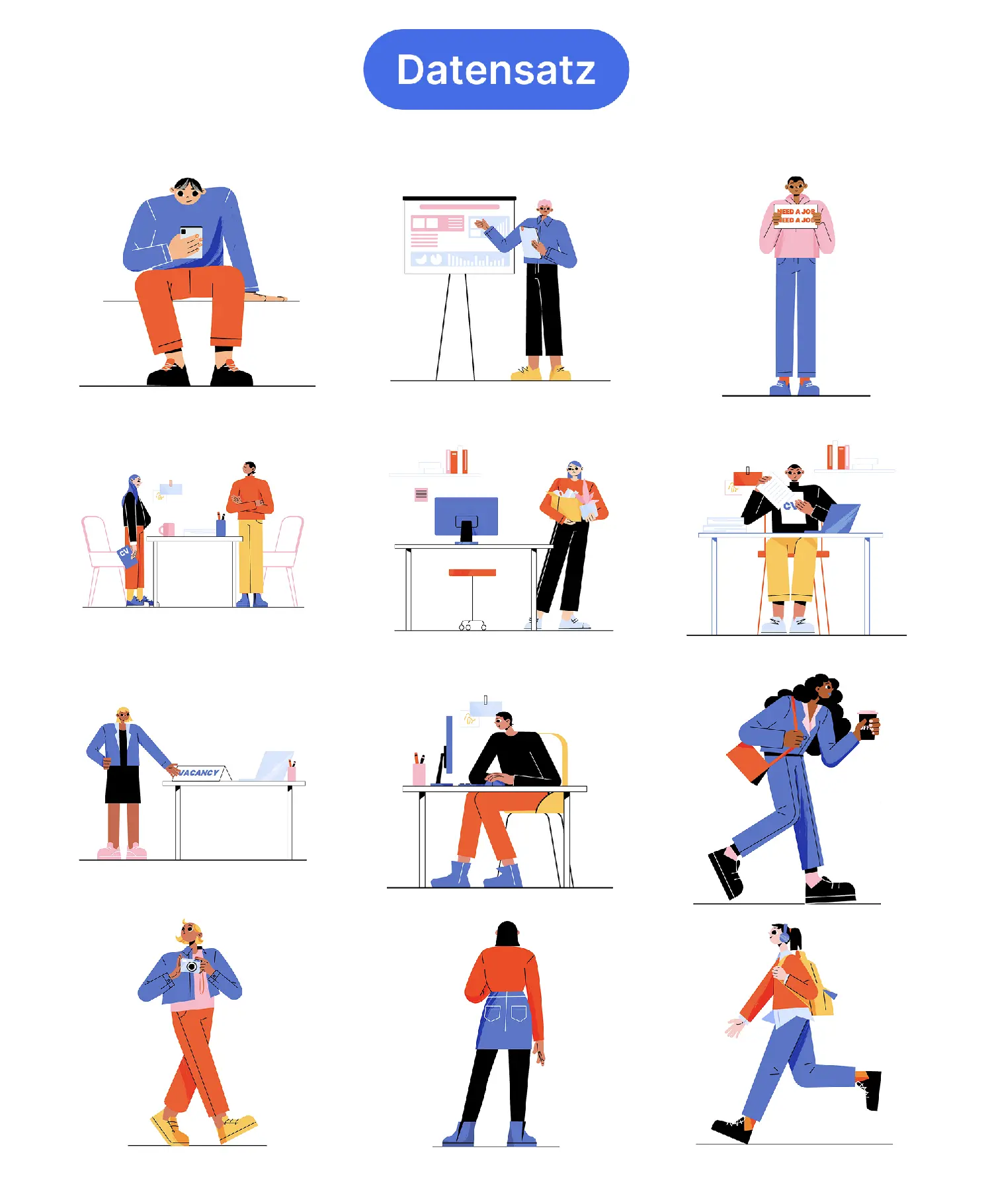 Eine Sammlung von Illustrationen, die verschiedene Charaktere in beruflichen und alltäglichen Situationen darstellen. Die Charaktere sind in verschiedenen Posen zu sehen, wie sie an Schreibtischen arbeiten, Präsentationen halten oder stehen und Kaffee trinken.
