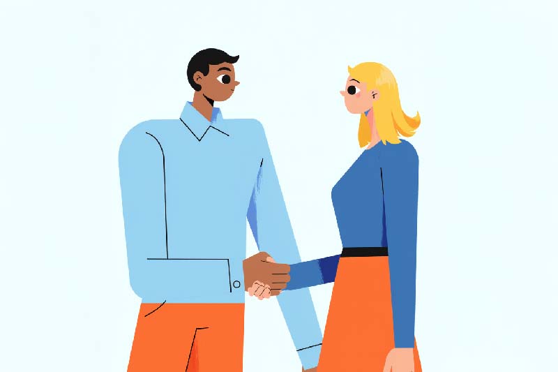 Eine Illustration, die einen Mann und eine Frau zeigt, die sich die Hände schütteln. Der Mann trägt ein blaues Hemd und orange Hosen, die Frau ein blaues Oberteil und einen orangen Rock.