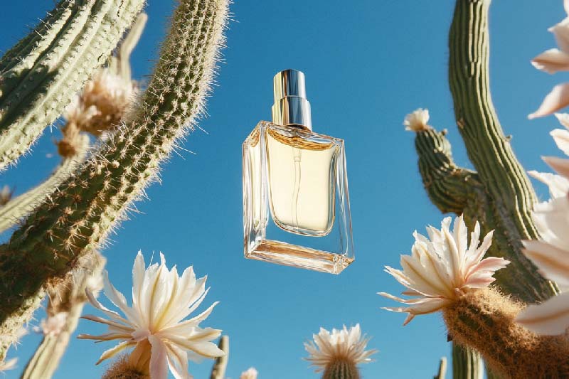 Eine Parfümflasche schwebt zwischen blühenden Kakteen. Der Hintergrund ist ein klarer, blauer Himmel.