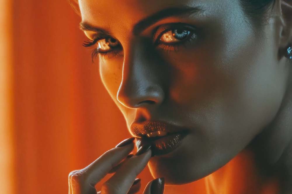 Eine Nahaufnahme des Gesichts einer Frau mit den Fingern an ihren Lippen. Die Szene ist in warmes, oranges Licht getaucht.