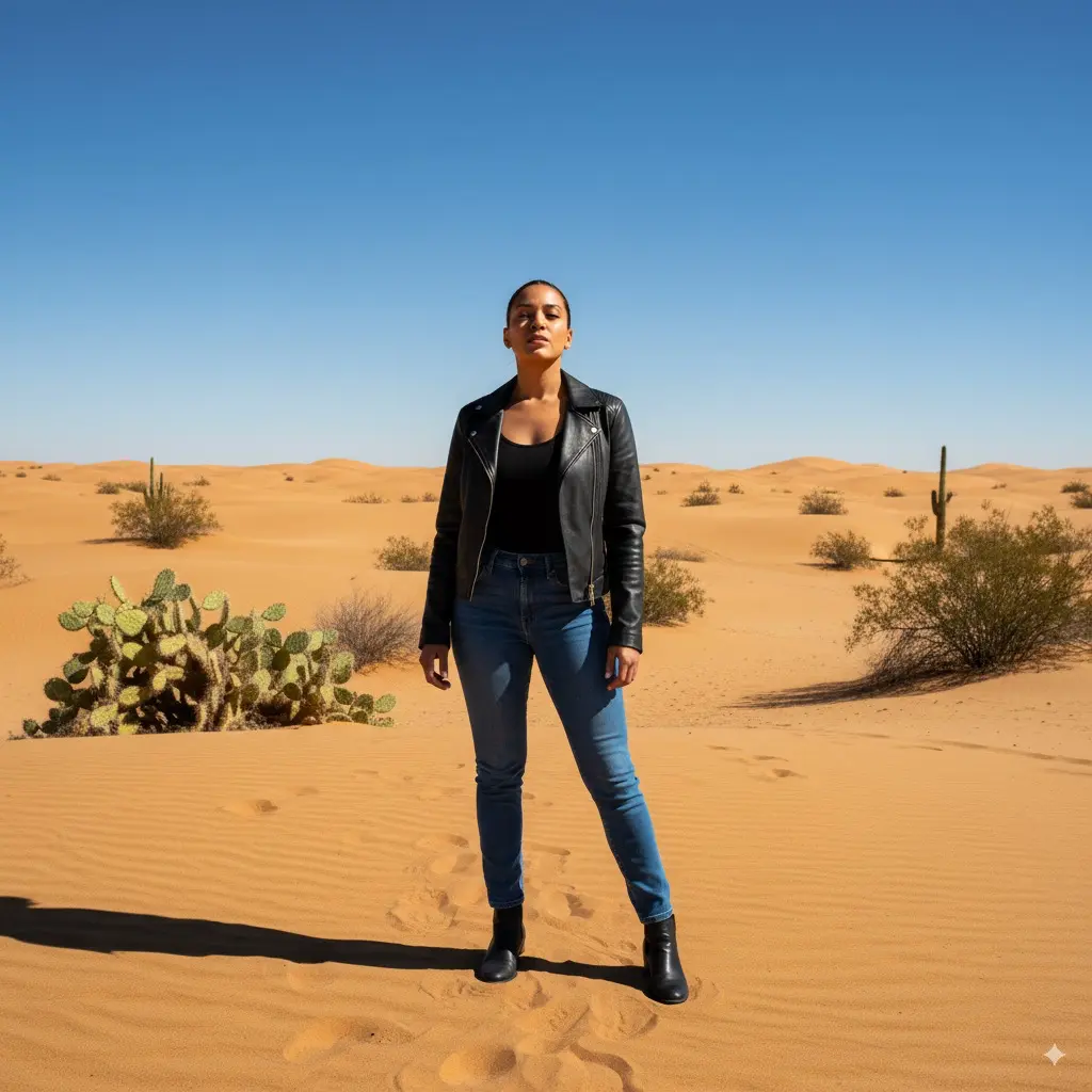 Eine Frau in Jeans, schwarzem Top und schwarzer Lederjacke steht selbstbewusst in einer Wüste mit sandigen Dünen und einzelnen Kakteen.