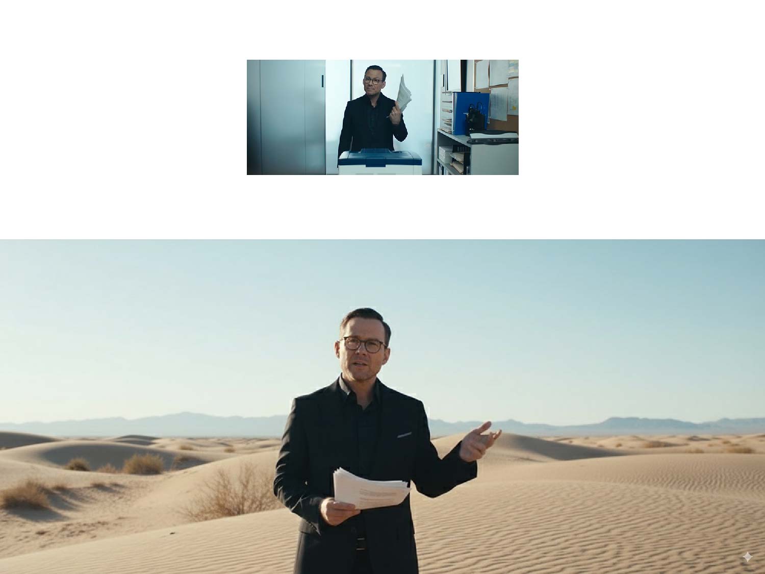 Eine Collage mit zwei Bildern. Oben ist eine Nahaufnahme eines Mannes in einem Büro zu sehen, der Papiere in der Hand hält. Das grösste Bild unten zeigt denselben Mann in einem Anzug, der in einer Wüstenlandschaft vor Sanddünen und Bergen steht und ein paar Papiere in den Händen hält.