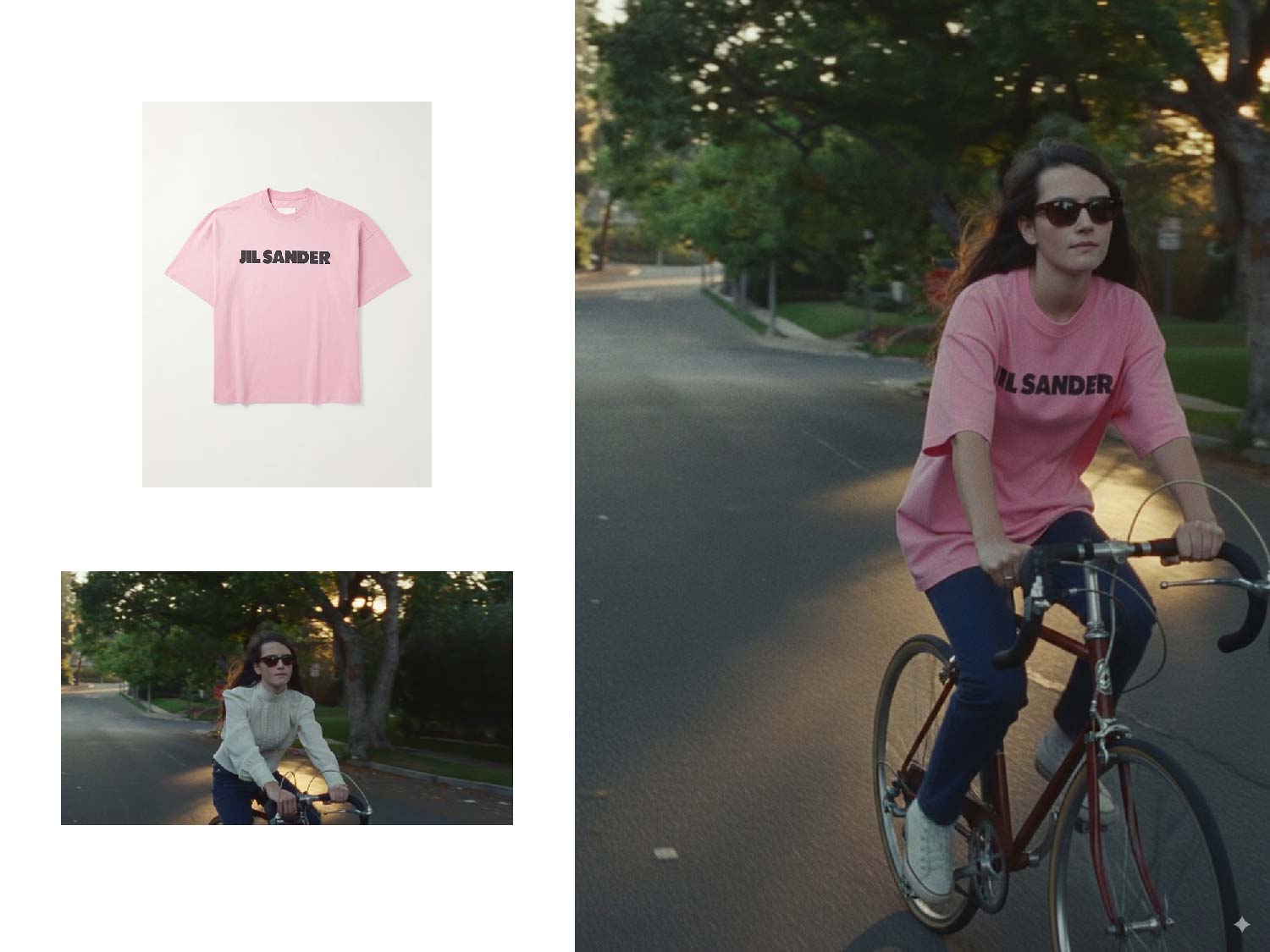 Eine Collage mit zwei Bildern. Das obere Bild zeigt ein rosafarbenes T-Shirt von Jil Sander auf weissem Hintergrund. Darunter ist eine Nahaufnahme einer jungen Frau, die ein weisses, gemustertes Oberteil trägt und Fahrrad fährt. Das grösste Bild auf der rechten Seite zeigt dieselbe junge Frau mit Sonnenbrille und einem rosafarbenen Jil Sander T-Shirt, die auf einer von Bäumen gesäumten Strasse Fahrrad fährt.