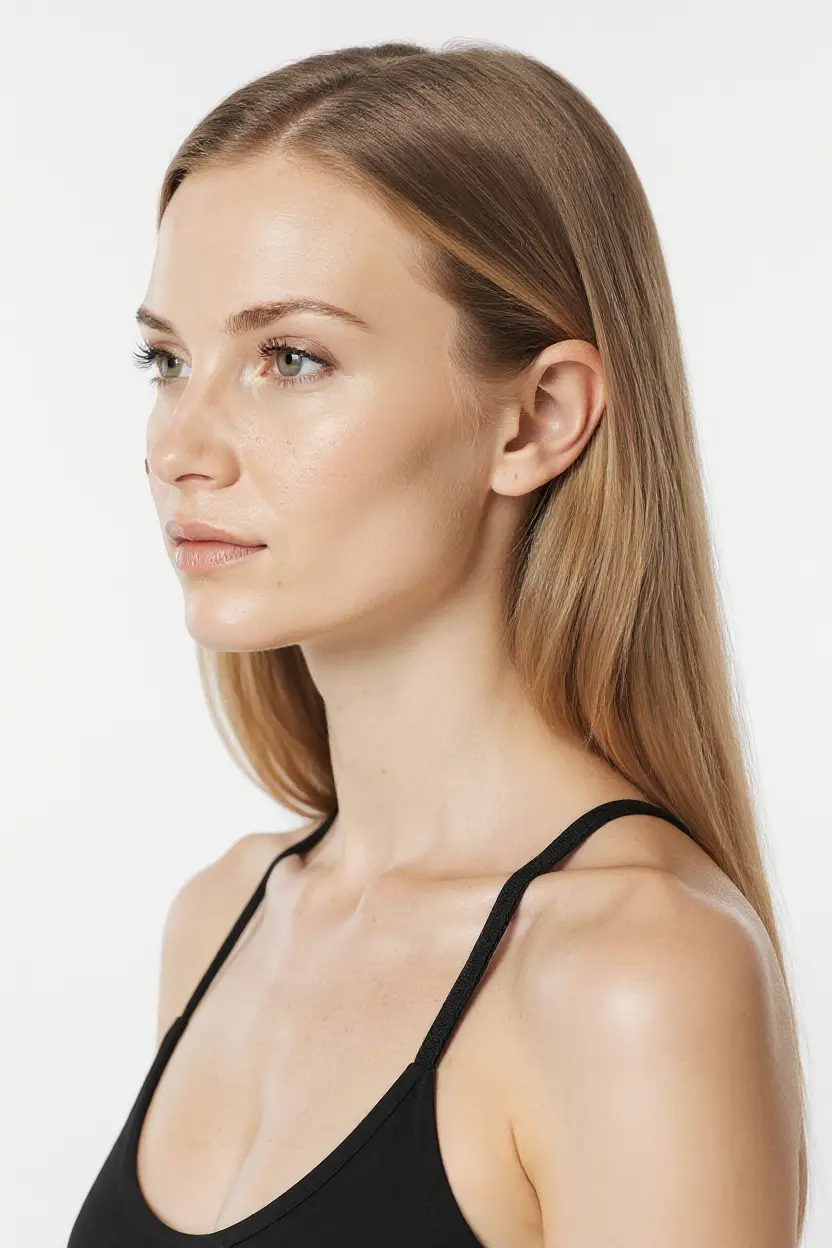 Seitenansicht einer jungen Frau mit langen blonden Haaren und einem unauffälligen Muttermal auf der Wange, die nach links blickt.