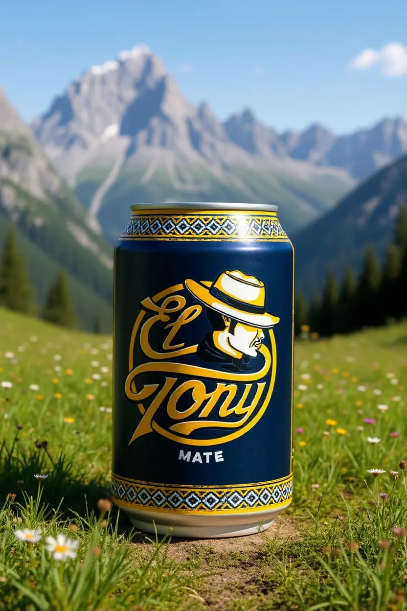 Eine Nahaufnahme einer blauen Dose mit dem Logo «El Tony Mate», die in einem grünen, blühenden Feld steht. Im Hintergrund sind Berge und ein blauer Himmel zu sehen.