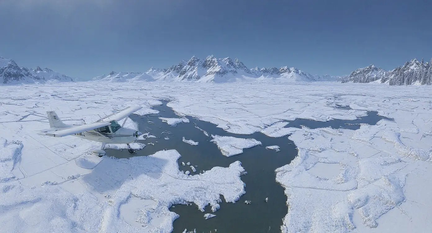 Ein kleines Flugzeug fliegt über eine weitläufige, schneebedeckte Landschaft mit einem teilweise zugefrorenen Fluss und schneebedeckten Bergen im Hintergrund.