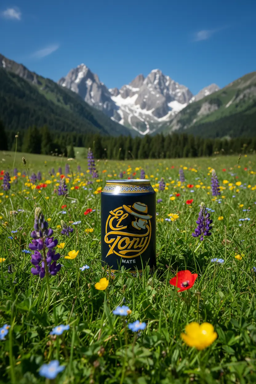 Eine blaue Dose mit dem Logo «El Tony Mate» steht in einem grünen, blühenden Feld mit roten, gelben und lila Blumen. Im Hintergrund erstrecken sich majestätische Berge unter einem strahlend blauen Himmel.