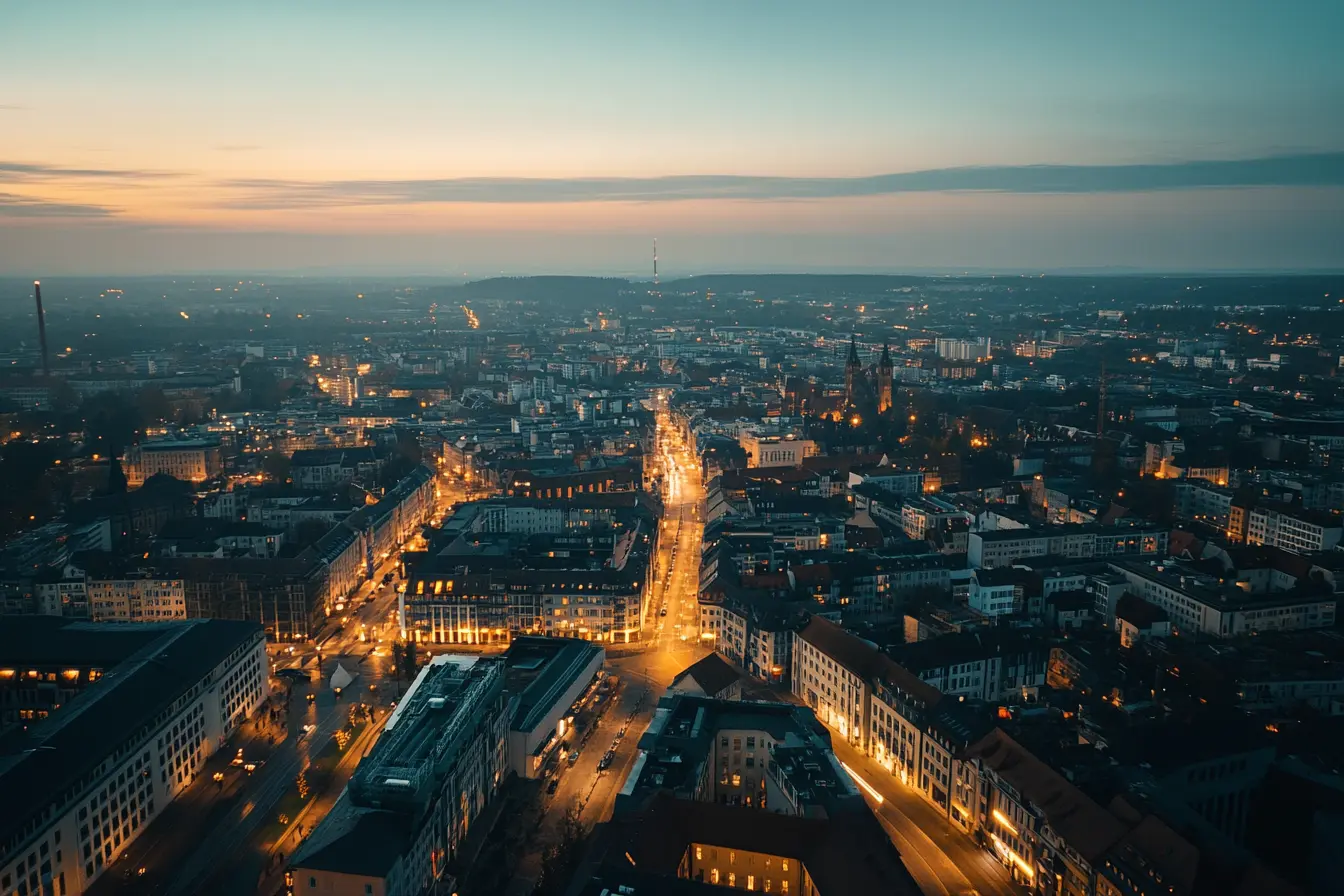 Eine Luftaufnahme einer europäischen Stadt bei Abenddämmerung. Die Lichter der Strassen und Gebäude leuchten und tauchen die Stadt in eine warme Atmosphäre. Der Himmel über der Stadt ist in orange, lila und blauen Farbtönen.