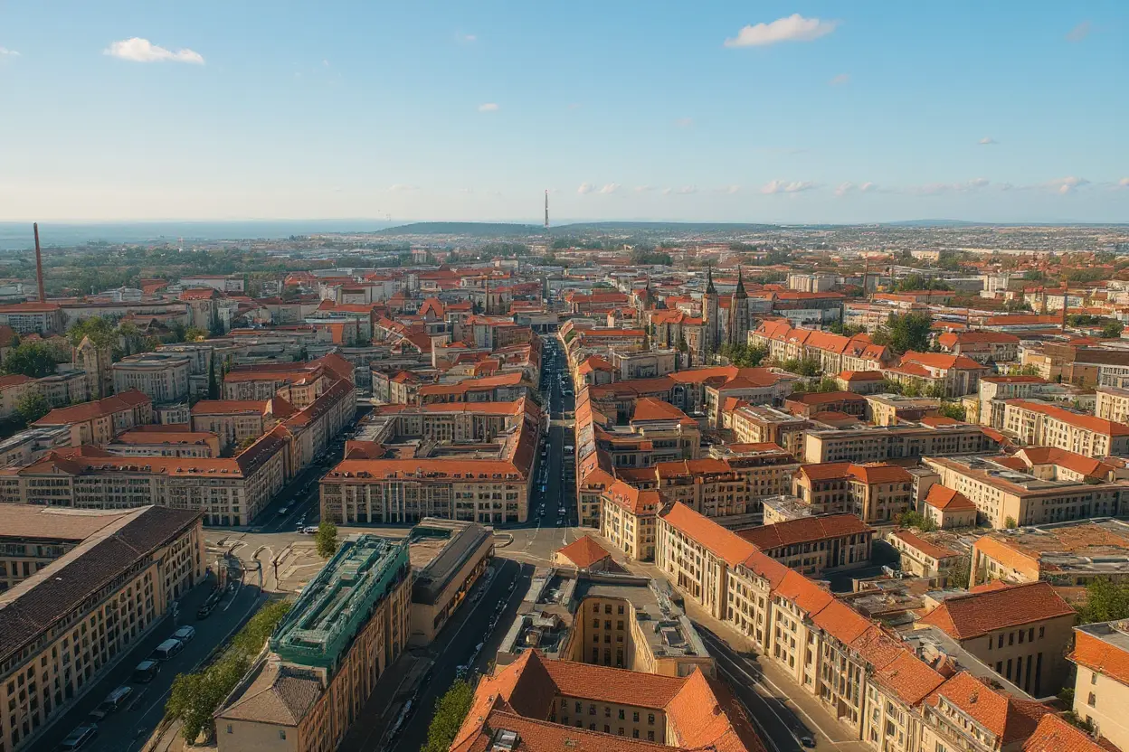 Eine Luftaufnahme einer europäischen Stadt bei Tag. Man sieht viele Gebäude mit roten Dächern und eine lange Strasse, die durch die Stadt führt. Am Horizont sind ein Sendeturm und die Stadtgrenze erkennbar. Der Himmel ist blau mit einigen Wolken.
