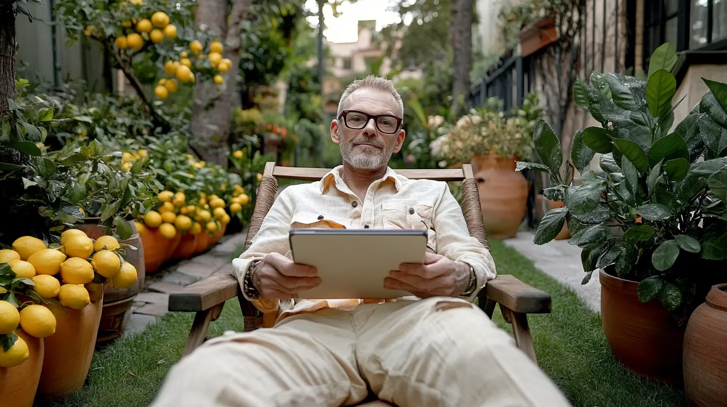 Ein Mann im mittleren Alter mit grauem Bart und Brille, der in einem Gartenstuhl sitzt und einen Tablet-Computer in den Händen hält. Im Hintergrund sind viele Zitronenbäume, grüne Pflanzen und Topfpflanzen zu sehen.