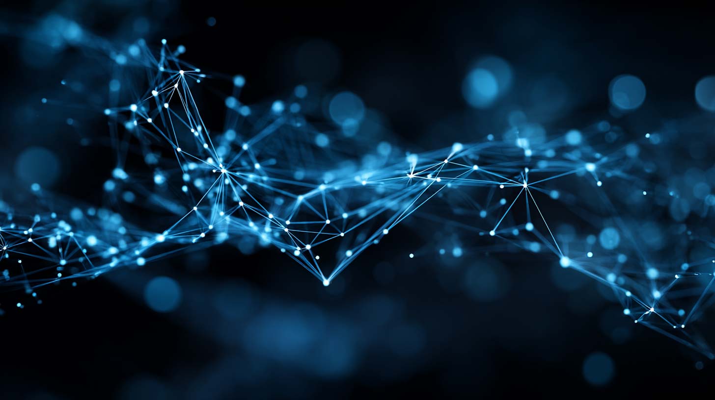 Abstraktes Bild, das ein Netzwerk von leuchtend blauen Punkten und Linien auf einem dunklen Hintergrund darstellt. Die Punkte sind miteinander verbunden und bilden komplexe, spinnennetzartige Muster. Das Bild wirkt dynamisch und symbolisiert Konnektivität und Technologie.