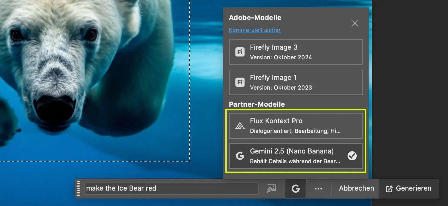 Screenshot von Adobe Photoshop mit einem Pop-up-Menü «Adobe-Modelle». Zwei Optionen sind hervorgehoben: «Flux Kontext Pro» und «Gemini 2.5 (Nano Banana)», wobei bei Letzterem ein Häkchen gesetzt ist.