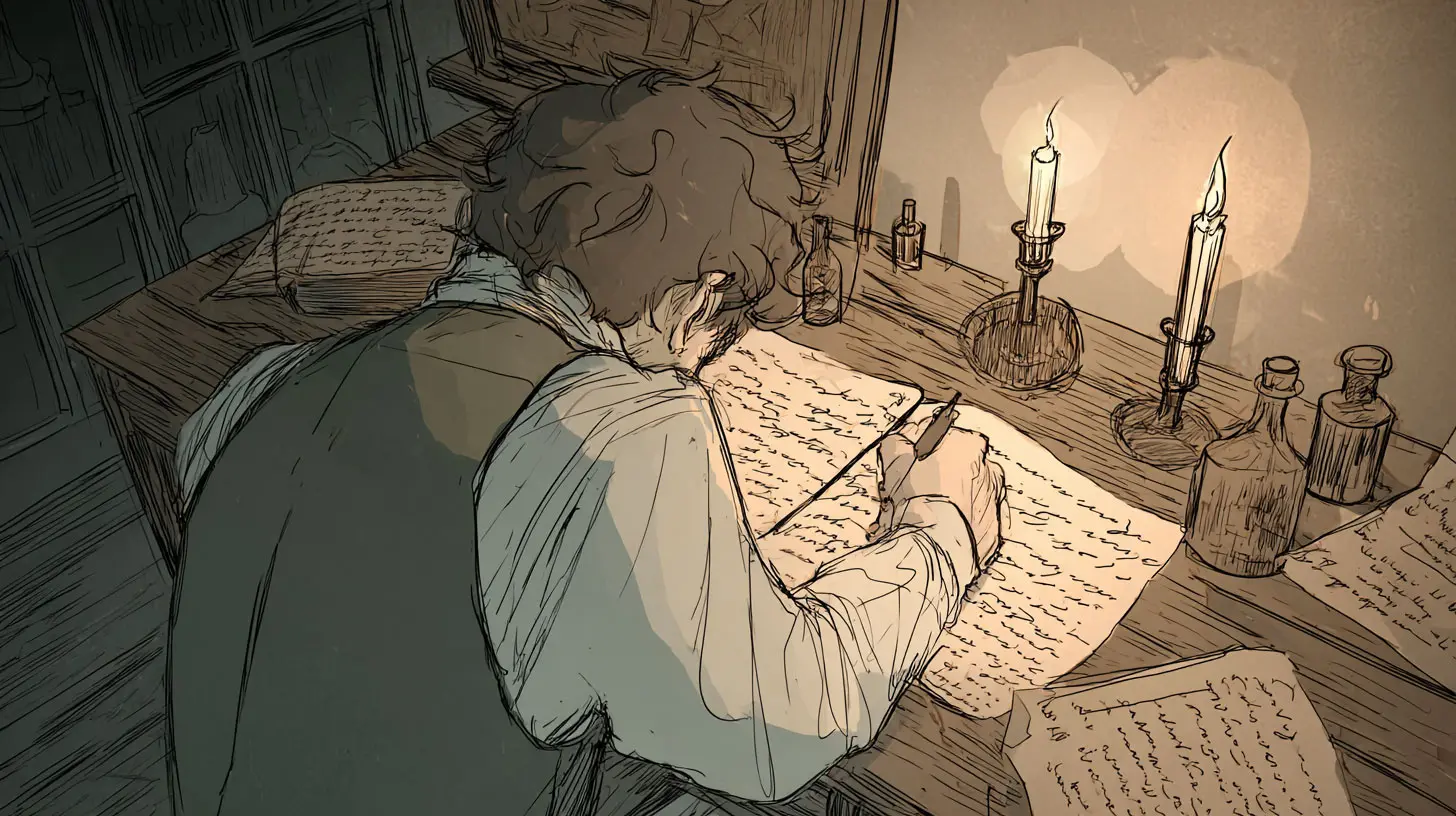 Illustration in gedämpften Sepia- und Grautönen, die eine Person mit dunklem, lockigem Haar in historischer Kleidung zeigt, die sich über einen Holzschreibtisch beugt. Die Person schreibt intensiv mit einer Feder auf ein Blatt Papier, das mit eng beschriebener Handschrift bedeckt ist. Auf dem Tisch stehen zwei brennende Kerzen in Kerzenständern und mehrere Tintenflaschen oder kleine Fläschchen sowie weitere beschriebene Papiere. Die Szene vermittelt den Eindruck von Lernen, Studium oder das Verfassen von Text in einer vergangenen Epoche.