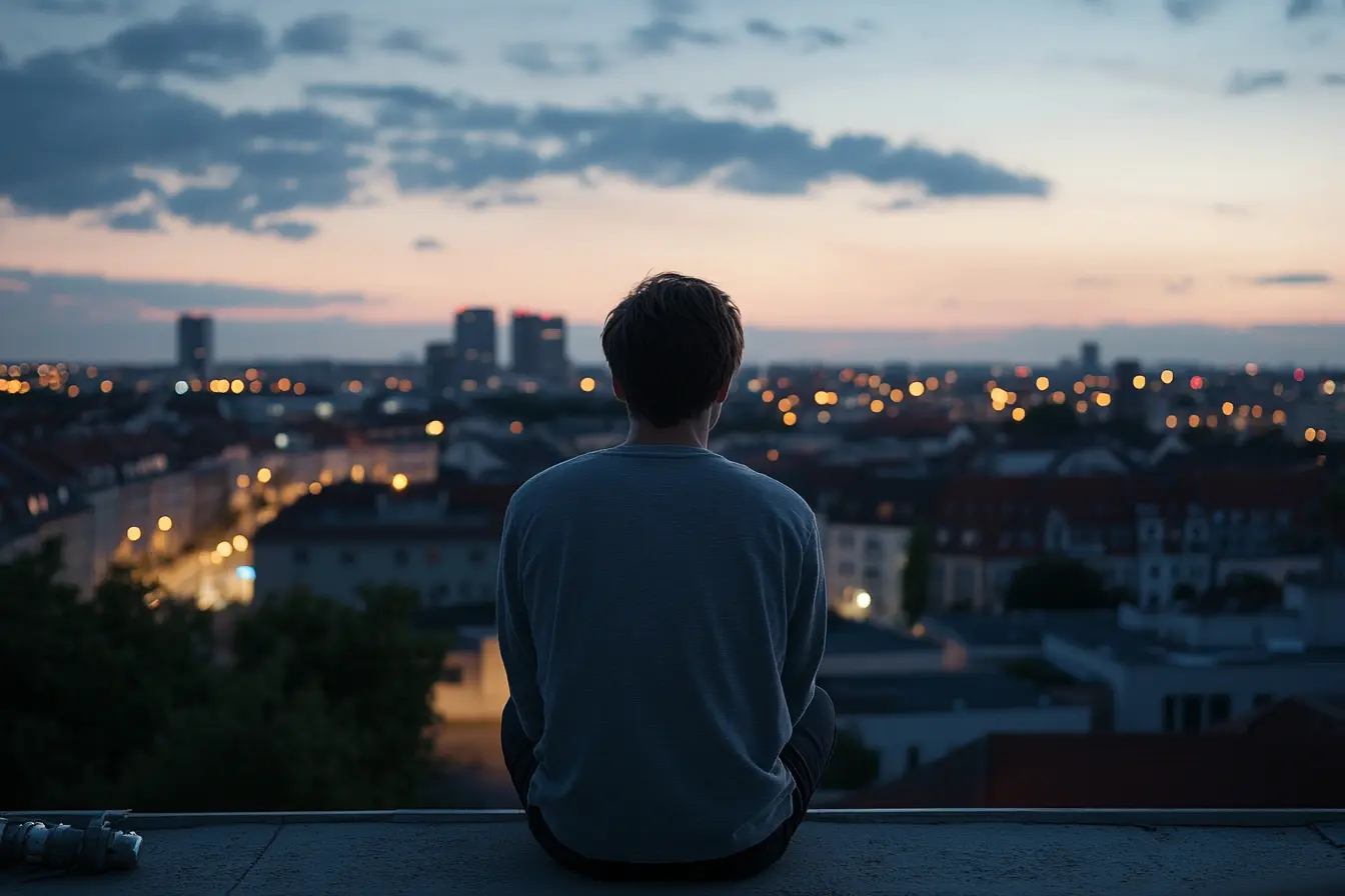 Rückenansicht einer Person, die auf einem Dach über eine beleuchtete Stadt blickt.