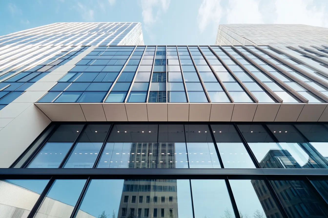 Untersicht auf moderne Bürogebäude mit grossen, reflektierenden Glasfassaden.