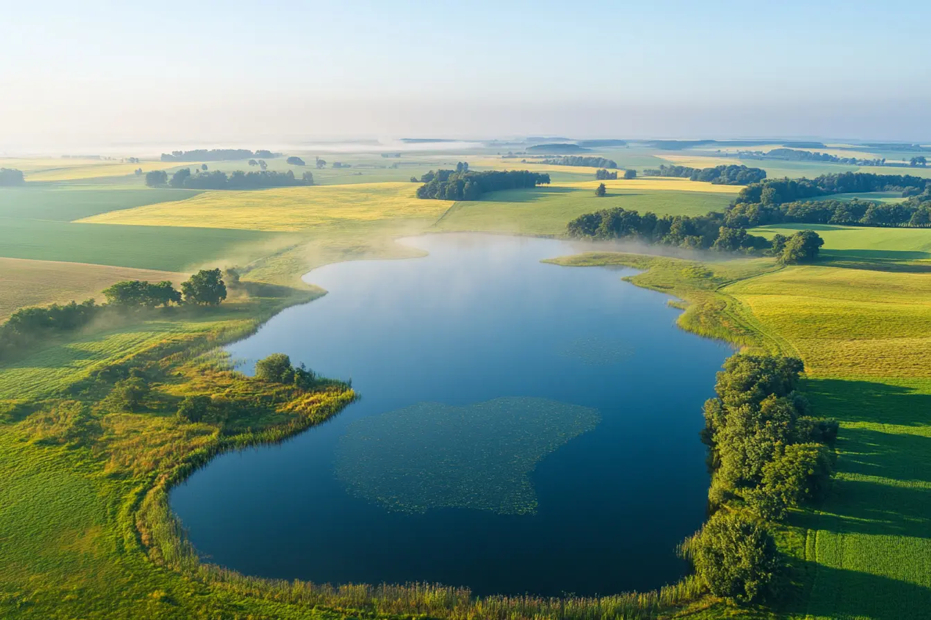Luftaufnahme eines Sees, umgeben von grünen und gelben Feldern im Morgennebel.