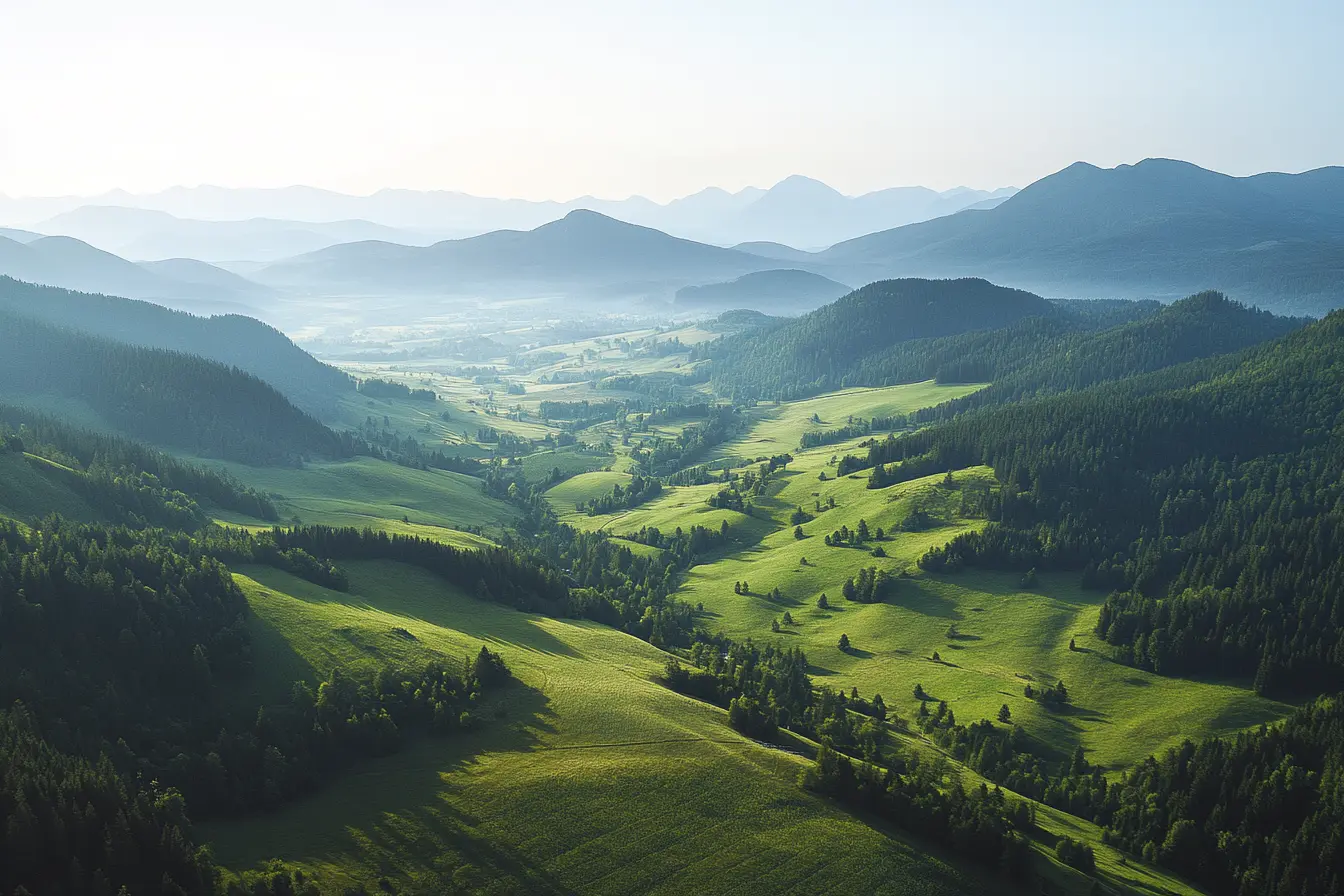 Weites, nebelverhangenes grünes Tal mit bewaldeten Hängen und blauen Bergen im Hintergrund.