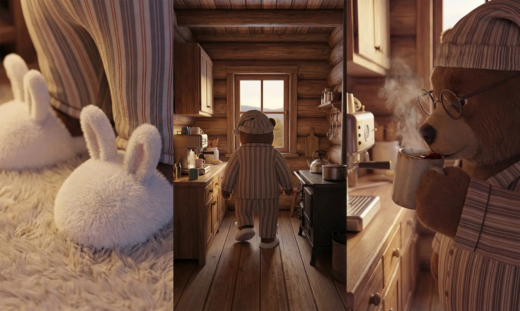Dreigeteiltes Bild eines animierten Bären in Pyjama, der in einer rustikalen Holzküche Kaffee trinkt.