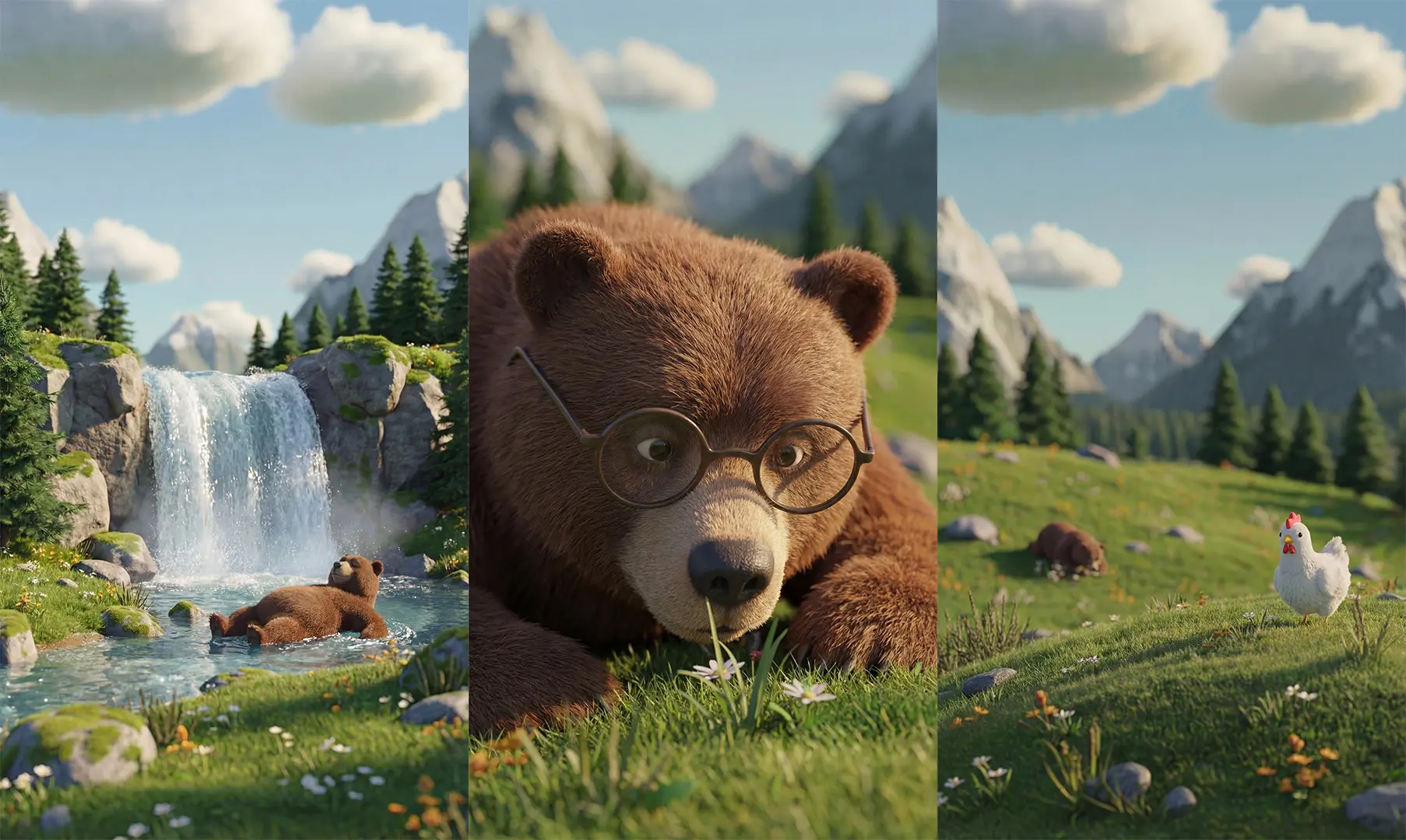 Dreigeteiltes Bild eines animierten Bären in einer Bergwiesen-Szene mit Wasserfall.