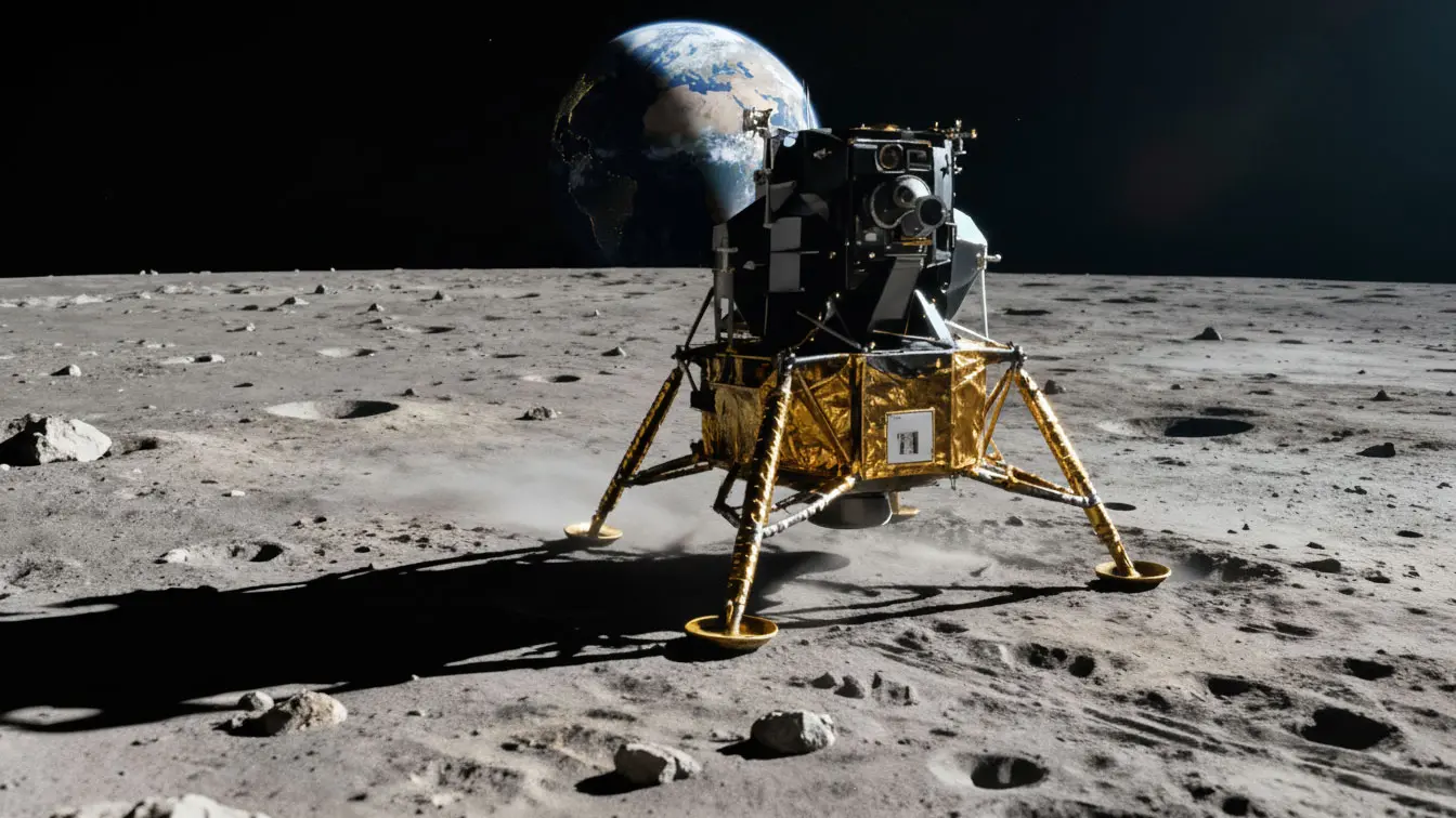 Apollo-Mondlandefähre auf der Mondoberfläche; die Erde ist im dunklen Weltraum sichtbar.