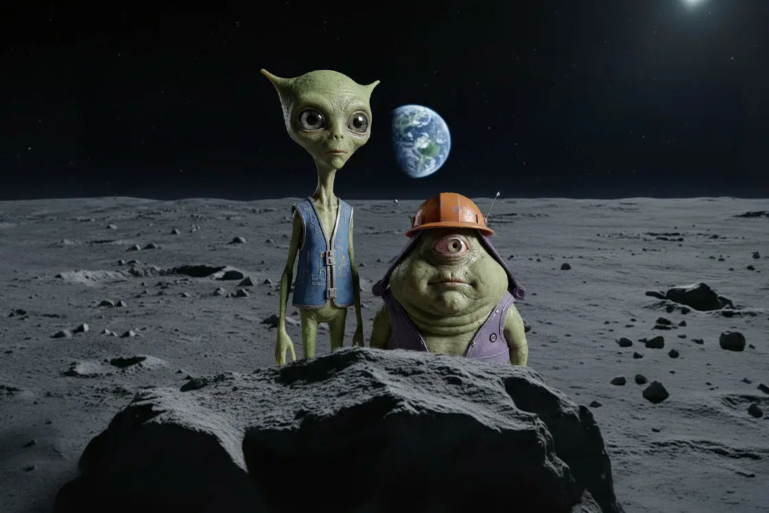 Zwei Aliens (ein grosser, dünner und ein dicker, einäugiger mit Bauhelm) stehen auf der Mondoberfläche; die Erde ist im Hintergrund.
