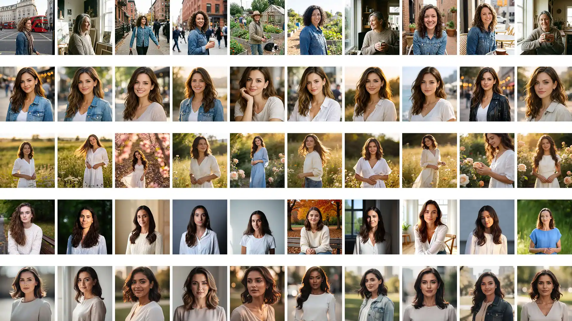 ine grosse Collage aus 50 quadratischen Einzelbildern, die in fünf horizontalen Reihen angeordnet sind. Jede Reihe zeigt Porträts von Frauen in unterschiedlichen Umgebungen.