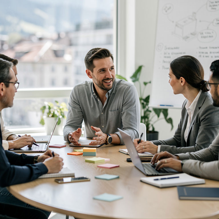 Eine Gruppe von Geschäftsleuten sitzt an einem runden Besprechungstisch. Ein Mann im grauen Hemd spricht gestikulierend mit seinen Kollegen. Im Hintergrund ist ein Whiteboard mit Skizzen erkennbar.