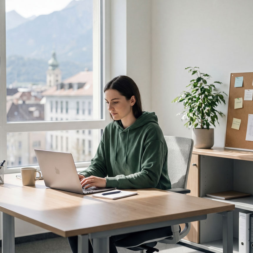Eine junge Frau im grünen Kapuzenpullover arbeitet konzentriert an einem Laptop an einem hellen Schreibtisch. Durch das grosse Fenster im Hintergrund sind Berge und eine Stadtlandschaft sichtbar.