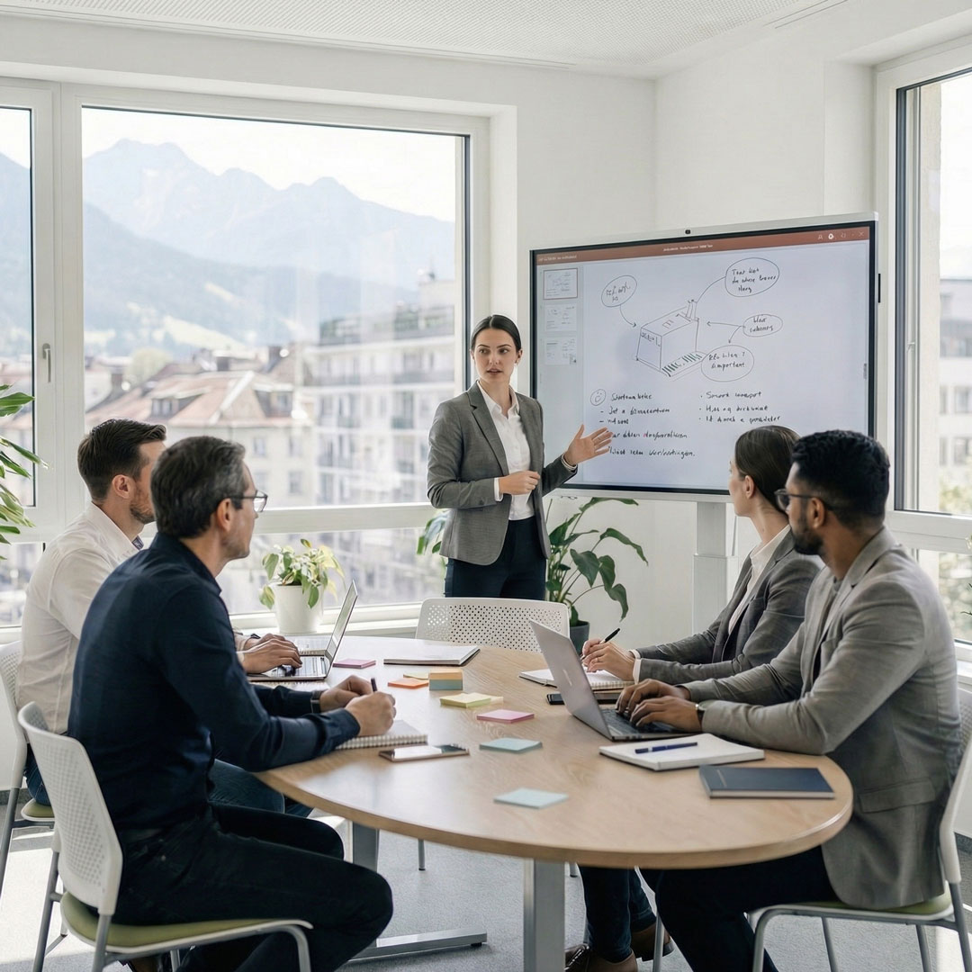 Eine Frau im grauen Blazer steht in einem hellen Büro vor einem digitalen Whiteboard und hält einen Workshop für vier Teilnehmende. Durch die Fensterfront im Hintergrund bietet sich ein weiter Blick auf eine Berglandschaft.