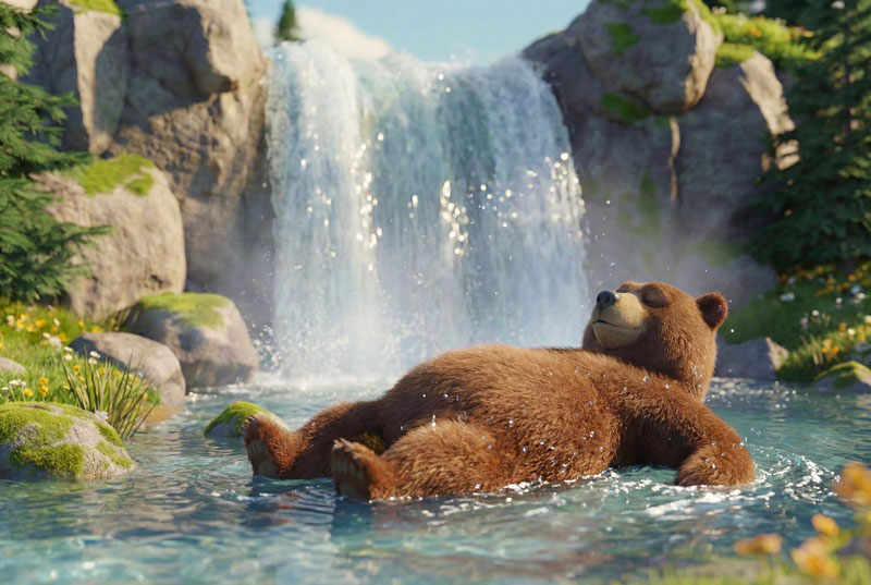 Eine 3D-animierte, braune Bärenfigur treibt entspannt auf dem Rücken in einem klaren Bergsee direkt vor einem Wasserfall. Die Szenerie ist von einer grünen Wiese mit Blumen und Nadelbäumen umgeben, im Hintergrund ragen schneebedeckte Berggipfel auf.