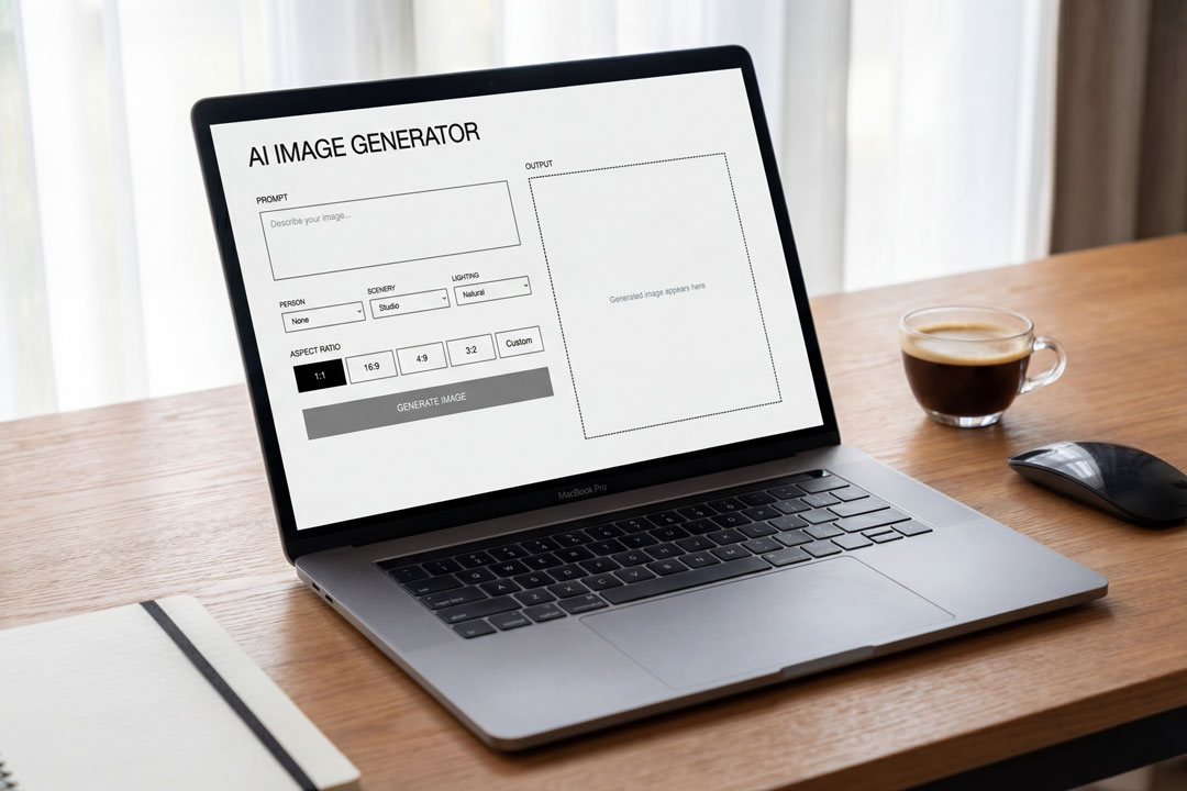 Nahaufnahme eines Laptops auf einem Holztisch, auf dessen Bildschirm die Benutzeroberfläche eines KI-Bildgenerators mit Eingabefeldern und Einstellungen zu sehen ist. Daneben stehen eine Tasse Kaffee und eine Computermaus.
